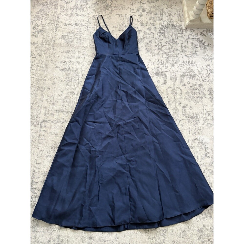 Alfred Sung V Neck Full Skirt Satin Maxi Dress Midnight Navy Size 4 D750 Formal - Picture 2 of 9